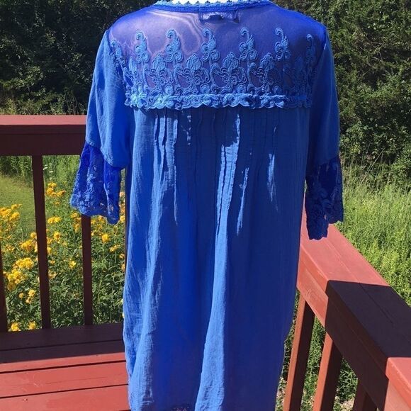 Gretty Zueger Embroidered mesh cotton elbow length sleeve Tunic Ocean Blue Med - Picture 8 of 17